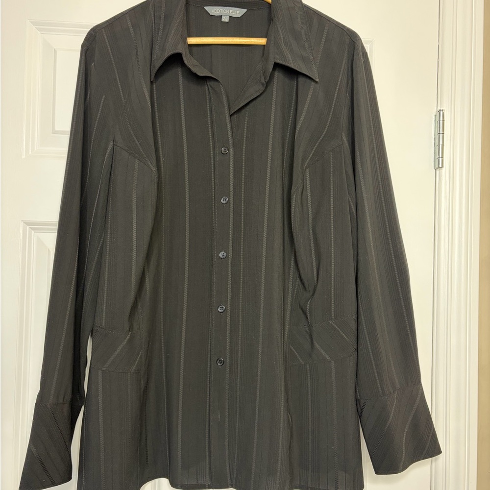 AdditionElle Black Textured Stripe Long Sleeve Button Down Collard Shirt Size 22